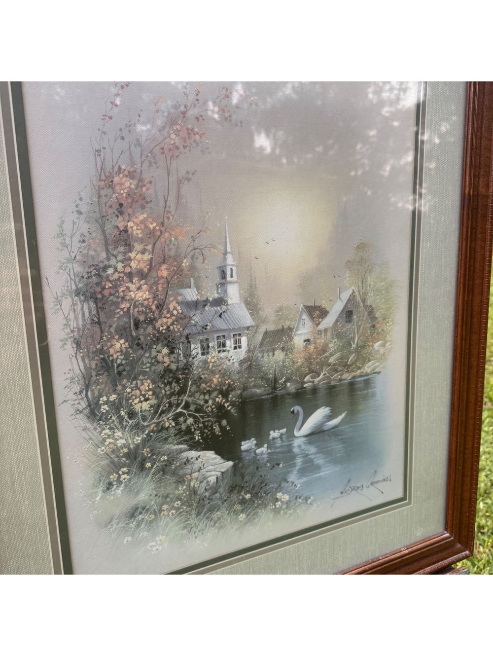 Vintage Andres Orpinas Framed Village Swan Landscape Print 25x29 Wall Art - Picture 6 of 9